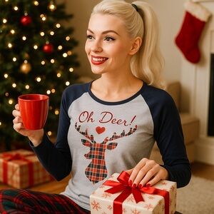 Festive Reindeer Plaid Raglan Tee – Navy Sleeves “Oh Deer!” Holiday Shirt NWT